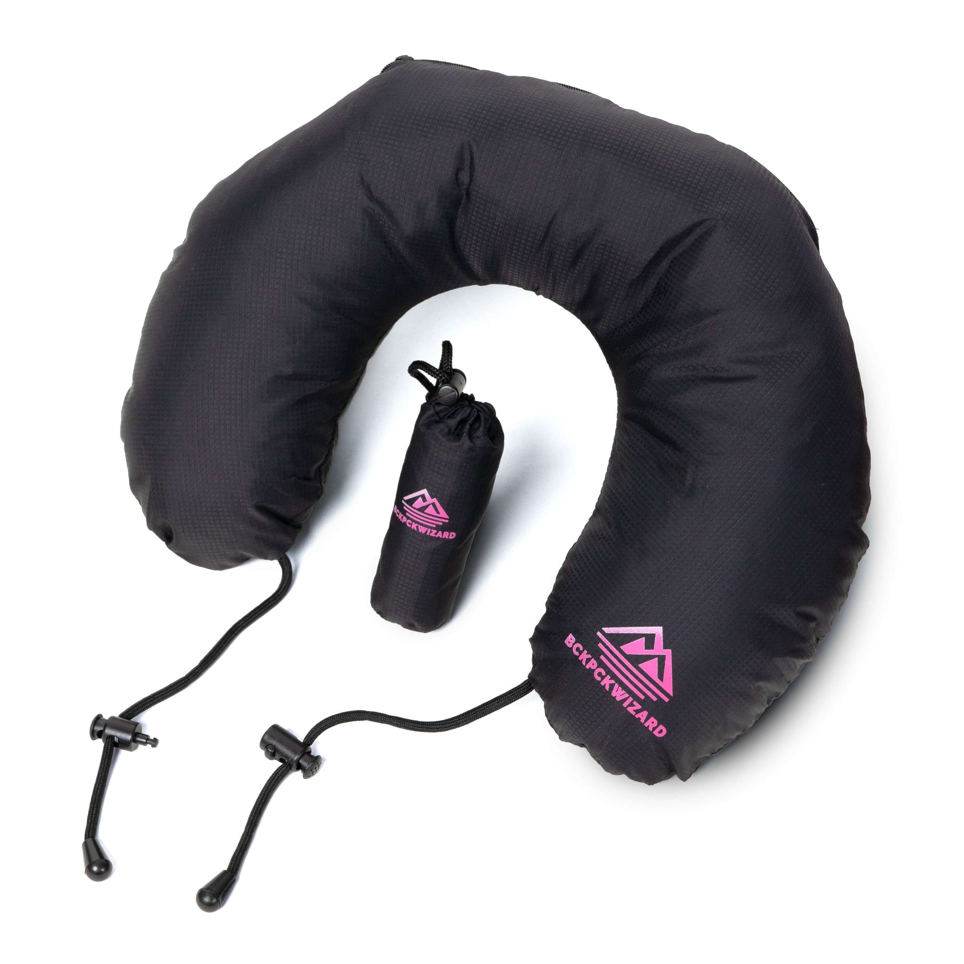 Befüllbares Nackenkissen 'Auf mein' Nacken' in Schwarz, ideal für Reisen, leicht und platzsparend.